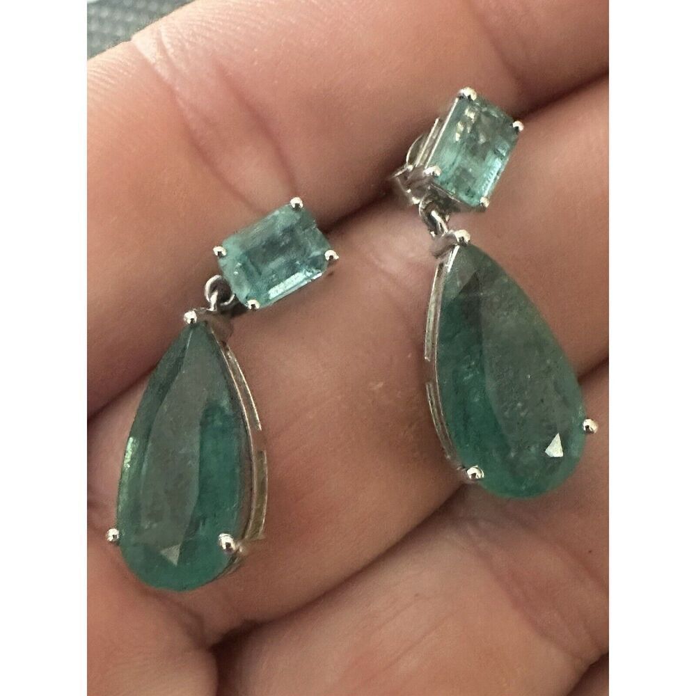 18K Solid White Gold 11.5 Cttw Natural Emerald Drop Earrings